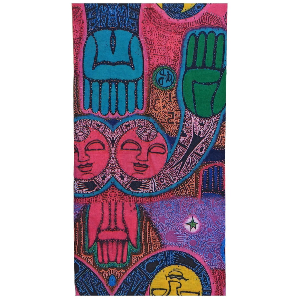 BANDANA ARTE MÍSTICO MANO DE FÁTIMA Y SIMBOLOS PSICODÉLICOS