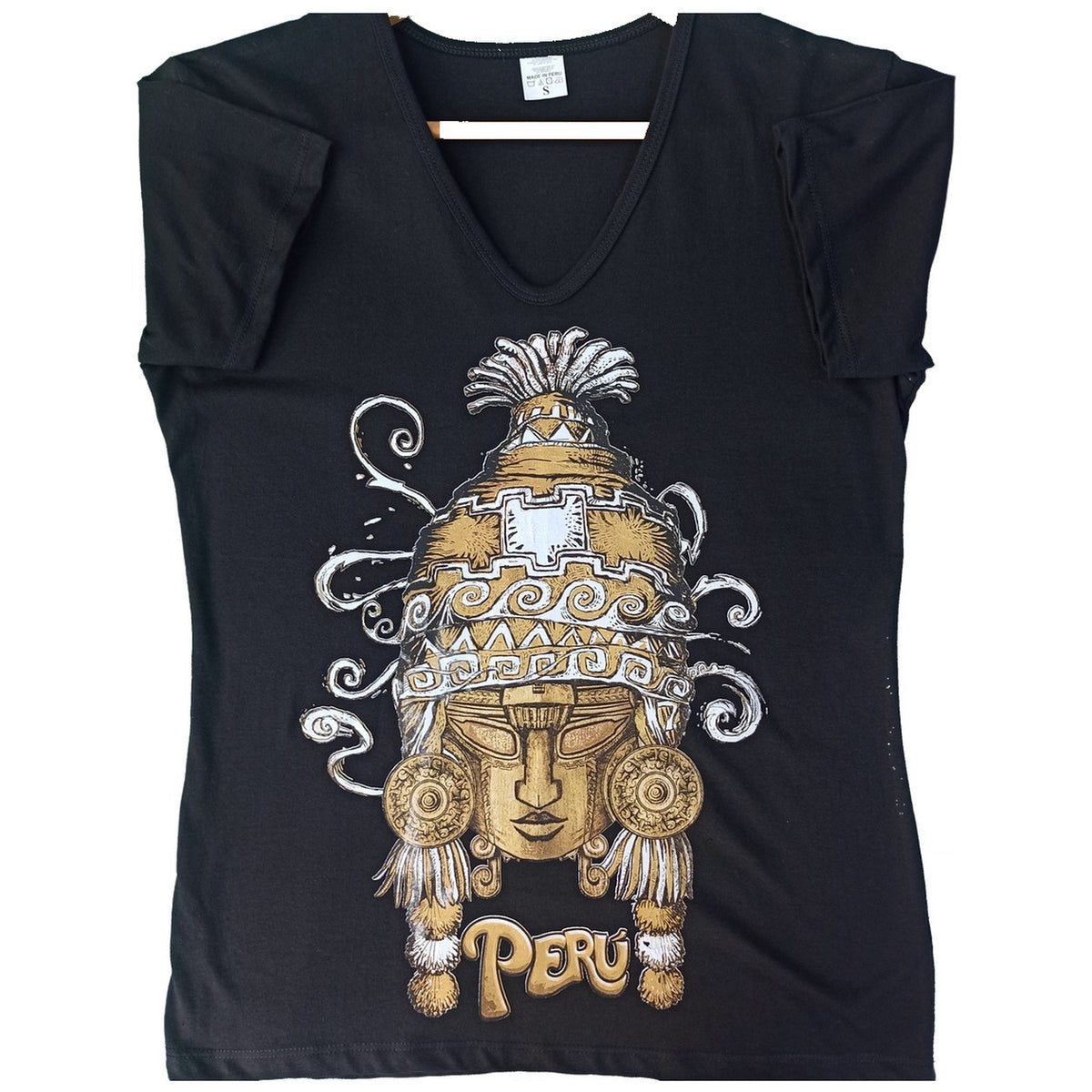 POLO MÁSCARA TUMI CULTURA SICÁN ILUSTRACIÓN DORADA PERÚ NEGRO S