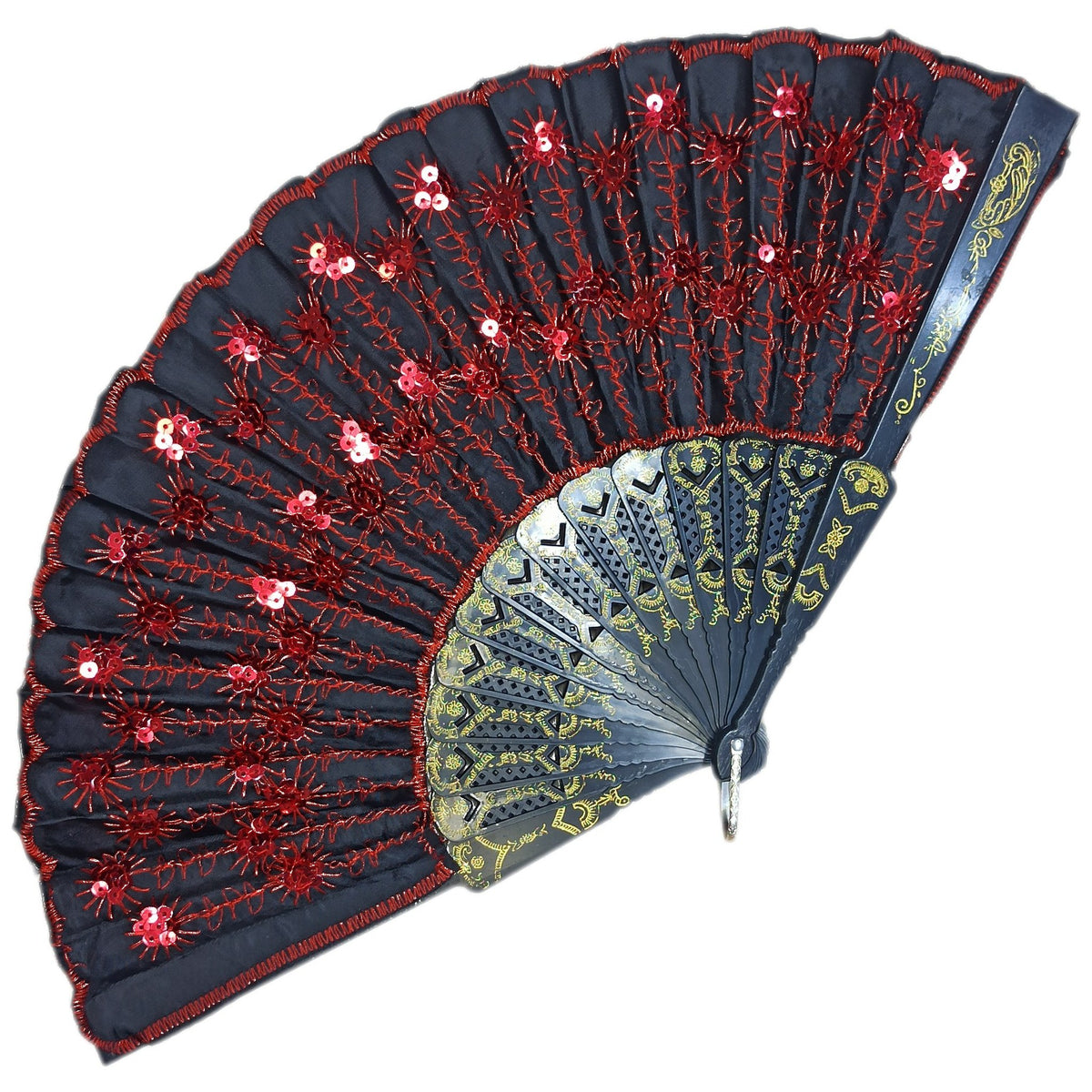 ABANICO NEGRO CON LENTEJUELAS ROJO