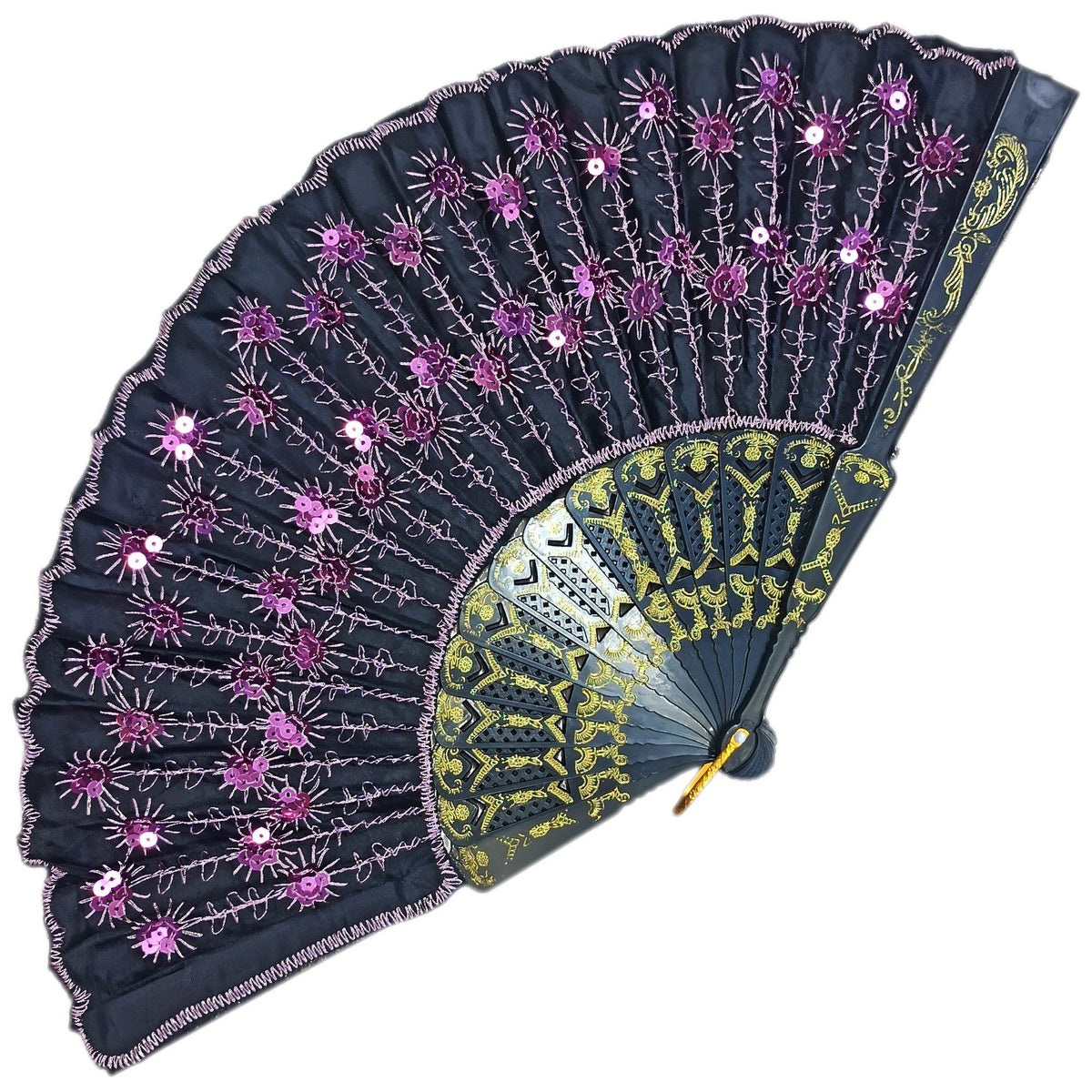 ABANICO NEGRO CON LENTEJUELAS ROSA