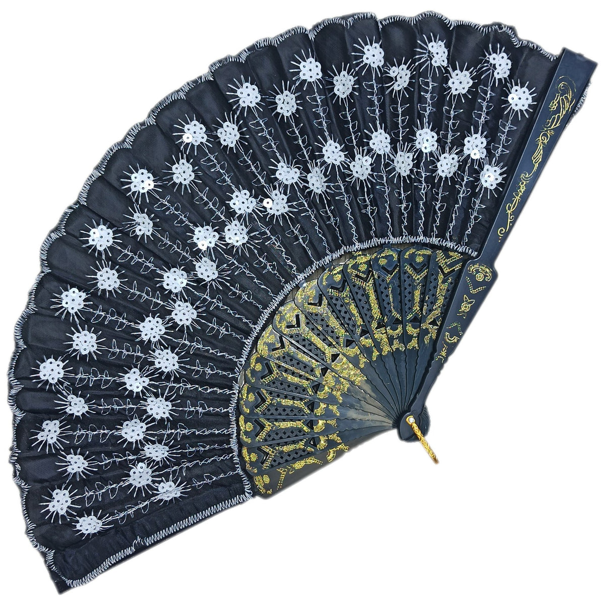 ABANICO NEGRO CON LENTEJUELAS BLANCO